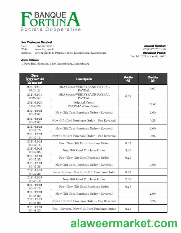 Luxembourg Fortuna Banque bank proof of address statement template in Word and PDF format, .doc and .pdf format